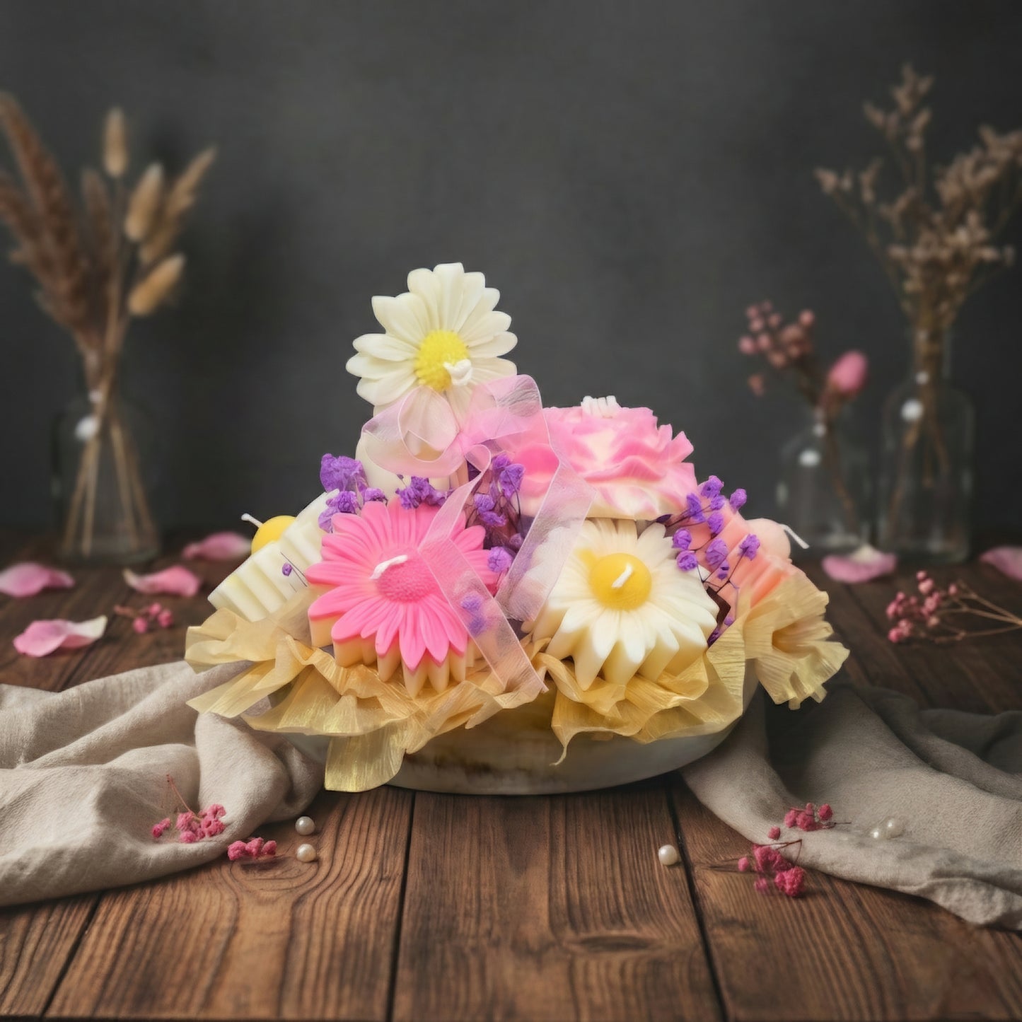 Bouquet de Cire Handgegossene Blütenkerze aus Rapswachs in Apricot & Pastell